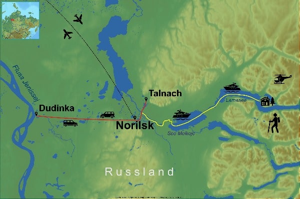Karte Reiseroute Plateau Putorana Norilsk